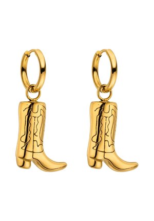 Goldene Creolen-Ohrringe mit hängenden, detaillierten Cowboy-Stiefel-Anhängern, polierte und reflektierende Metalloberfläche.