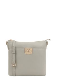 Grijze leren crossbody tas met een gouden sluiting, verstelbare schouderband en een gladde textuur. Rechthoekige vorm met minimalistisch ontwerp.