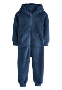 Navy blue hooded onesie made of soft, thick fleece, featuring a front zipper, two front pockets, and ribbed cuffs at the wrists and ankles.
