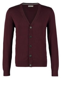 Cardigan bordeaux a V con maniche lunghe e cinque bottoni neri davanti, polsini e orlo a coste.