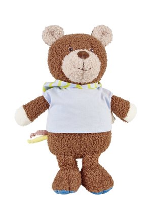 Brown teddy bear plush with curly texture, light blue shirt, striped neck scarf, and blue paw pads, standing upright on white background.