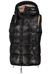 Schwarze Steppweste mit glänzendem Finish, Kapuze, Reißverschlusstaschen und verstellbarem Kordelzug. Innenfutter in Beige. Verfügt über ein vertikal gestepptes Muster.