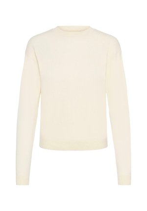 Cream-colored long-sleeve knit sweater with a crew neck and ribbed cuffs and hem, shown on a plain white background.