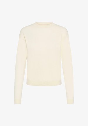 Cream-colored long-sleeve knit sweater with a crew neck and ribbed cuffs and hem, shown on a plain white background.