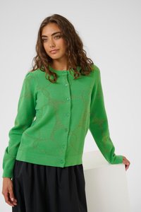 Cardigan verde tricotat, cu un model texturat în bucle, guler rotund și închidere cu butoane în față. Mâneci lungi și o croială lejeră.