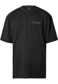 Black cotton t-shirt featuring a round neck and short sleeves. The front displays the text "Dropsize" in a decorative font.