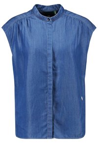 Džínová košile s límečkem, krátkými rukávy a zapínáním na knoflíky. Má měkkou texturu a mírně volný střih.