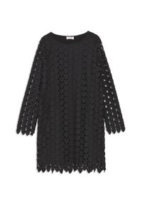 Mustapuku, jossa on kolmennelmän osan hihat, jossa on päällekkäisistä sydämenmuotoisista paloista koostuva teksturoitu kuvio ja pyöreä kaulus.