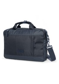 Sort nylon laptop taske med tekstureret overflade, dobbelte håndtag, aftagelig skulderrem og frontlomme med lynlås. Har et logo patch.