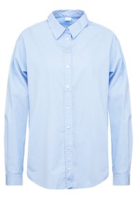 Ljusblå långärmad skjorta i bomull, med knappslå framtill, standardkrage och knäppte ärmslut. Slät textur, inga mönster.