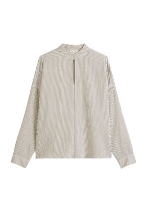 Long-sleeve striped shirt in beige and dark brown. Features a stand collar and a keyhole opening at the front. Soft, lightweight fabric.