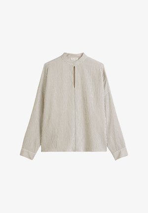 Langärmliges gestreiftes Hemd in Beige und Dunkelbraun. Mit Stehkragen und einem Schlitzverschluss vorne. Aus weichem, leichtem Stoff.