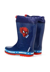 Botas de lluvia de goma azules con un patrón de telaraña y un logo de Spider-Man en el lateral. Suela y detalles rojos, con puño fruncido para un mejor ajuste.