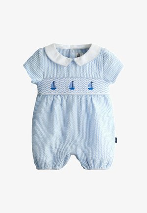 Salopetă din bumbac cu dungi albastre și albe, cu mâneci scurte, guler alb și modele brodate cu bărci cu vele pe piept. Manșete elastice.