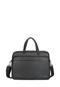 Black leather laptop bag with a textured finish, dual handles, detachable shoulder strap, and a front zip pocket.