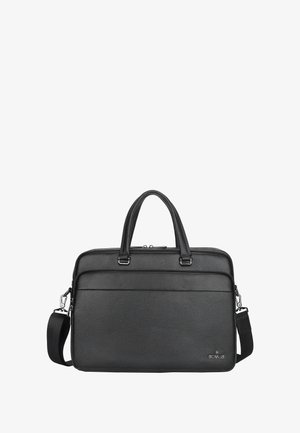 Zwarte leren laptoptas met een gestructureerde afwerking, dubbele handvatten, afneembare schouderriem en een voorvak met rits.