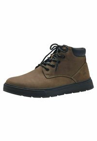 Brown leather ankle boots with a textured surface, black accents, lace-up design, and a rubber sole featuring a patterned tread.