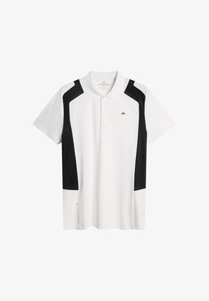 Vit polo skjorta med svarta detaljer. Kortsleeves, klassisk krage, tillverkad av slät tyg. Har en logo på bröstet och sidodetalj.