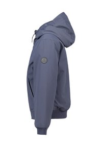 Blue hooded jacket with ribbed cuffs and hem, side pockets, and a round black patch logo on the upper left sleeve.