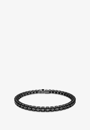 Schwarzes Armband mit miteinander verbundenen runden Steinen in einer polierten Fassung; sicherer Verschluss; glatte Textur mit glänzendem Finish.