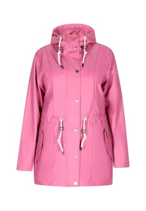 Roza vodootporna jakna s kapuljačom, podešavanjem u struku, dugmadi na preklop i dva bočna džepa. Napravljen od glatkog sintetičkog materijala.