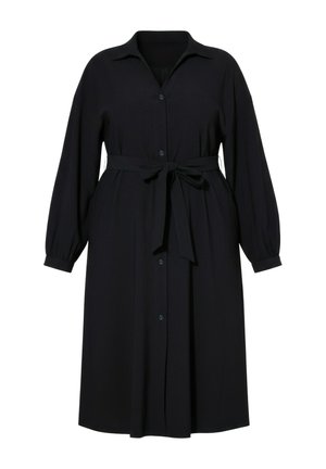 Vestito midi nero a maniche lunghe con bottoni frontali, collo con colletto e cintura in stoffa annodata in vita.