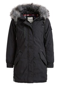 Svart parkasjacka med huva av falsk päls, dragkedja framtill och flera fickor. Texturerat, isolerat material för värme och hållbarhet.