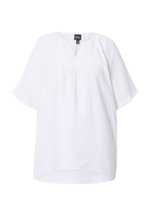 Hvid, kortærmet bluse med afslappet pasform, v-halsudskæring og struktureret stof. Har en samlet detalje under busten. Bøjet kant.
