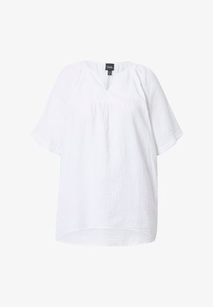 Biała bluzka z krótkim rękawem o luźnym kroju, z dekoltem w kształcie litery V i teksturowanym materiałem. Posiada marszczenie pod biustem. Krzywa linia dołu.