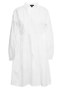 Bílá bavlněná šaty s dlouhými rukávy, rýhovaným límcem a vrstveným designem. Volný střih s knoflíkovou légou u krku.