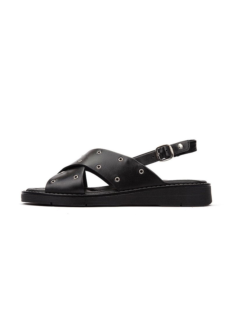 Sandalias de cuero negro con correas cruzadas, tachuelas plateadas, correa en el tobillo ajustable y suela plana negra.