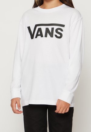 Camiseta blanca de manga larga con un audaz logo "VANS" en negro. Fabricada con tejido liso, ajuste relajado y puños cosidos.