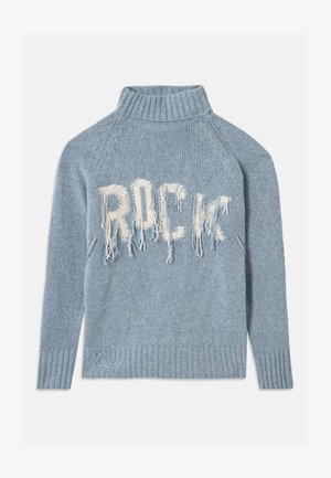 Light blue knitted turtleneck sweater with long sleeves and white distressed fringe text spelling "ROCK" on front.