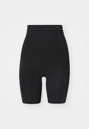 Black shapewear shorts with a high waistband, made from smooth, stretchy fabric. Features a seamless design and mid-thigh length.
