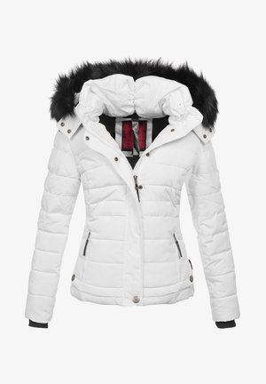 Weißer Pufferjacke mit Kapuze, ausgestattet mit einem schwarzen Kunstfellbesatz, gestepptem Design, Frontreißverschluss und seitlichen Reißverschlusstaschen.