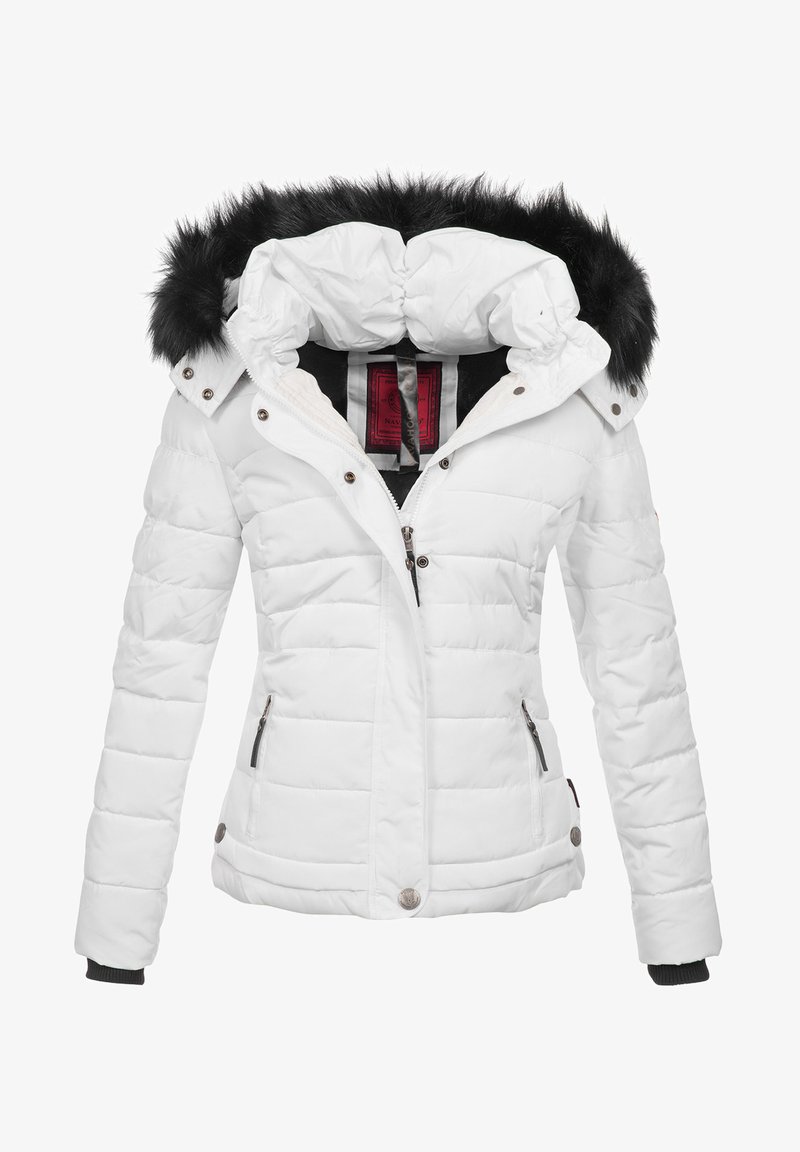 White puffer jacket with a hood, featuring a black faux fur trim, quilted design, front zip closure, and side pockets with zippers.