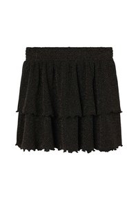 Jupe noire à design superposé, fabriquée en tissu texturé avec des fils métalliques subtils. Taille élastique et ourlet ondulé.
