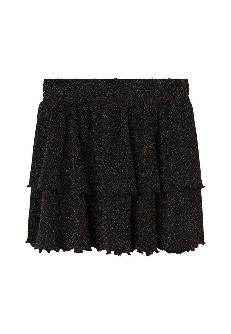 Jupe noire à design superposé, fabriquée en tissu texturé avec des fils métalliques subtils. Taille élastique et ourlet ondulé.