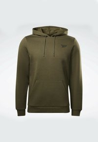 Sweat à capuche vert Reebok avec poche kangourou devant, capuche à cordon et petit logo noir sur la poitrine gauche.