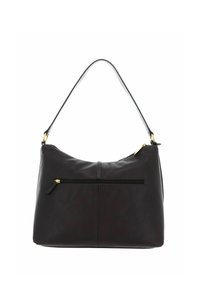 Sac à bandoulière en cuir noir avec une forme arrondie, des accents en métal doré et une poche avant zippée. Texture lisse avec une seule anse.