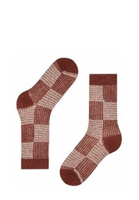 Braun- und cremefarbene karierte Socken, die ein strukturiertes Strickmuster und einfarbige Akzente an der Spitze und dem Rand aufweisen. Hervorzuhebendes Detail: ein kleines Logo.