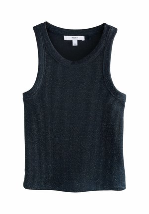 Svart ribbad ärmlös stickad tanktopp med subtil metallisk glans, rund halsringning och en vit logotypetikett invändigt i kragen.