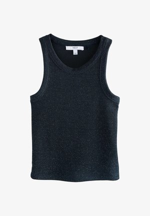 Black ribbed sleeveless knit tank top with subtle metallic shimmer, round neckline, and a white brand label inside the collar.