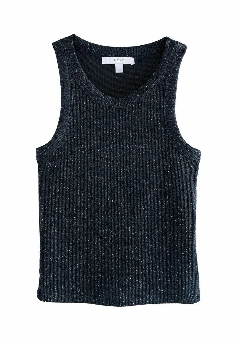 Czarna prążkowana bezrękawnikowa bluzka dzianinowa z subtelnym metalicznym połyskiem, okrągły dekolt i biała metka marki wewnątrz kołnierza.