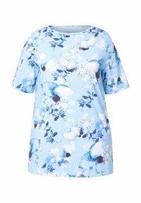 Camiseta de manga corta en color azul claro con un estampado floral en tonos blancos y azules, con un escote redondo y un diseño de corte relajado.