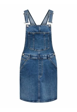 Farmer overall ruha állítható vállpántokkal, elülső mellrészen zsebfedővel, oldalzsebekkel, gombos záródással és egyenes szoknyavéggel.