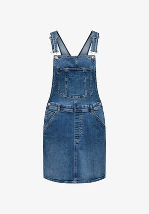 Džinsinis kombinezonas su reguliuojamomis petnešėlėmis, priekinė krūtinės kišenė, šoninės kišenės, sagų užsegimas ir tiesus sijono kraštas.