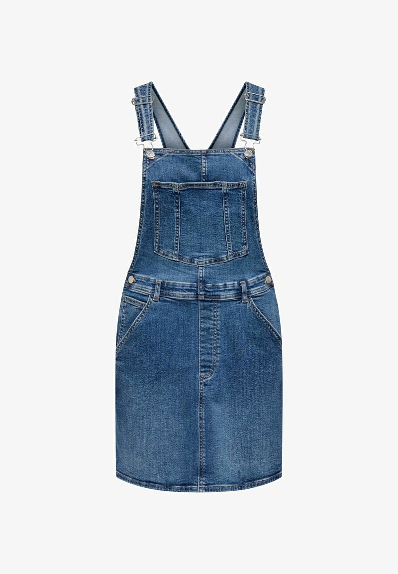 Robe salopette en denim avec bretelles réglables, poche poitrine à l'avant, poches latérales, fermeture par boutons et ourlet droit.