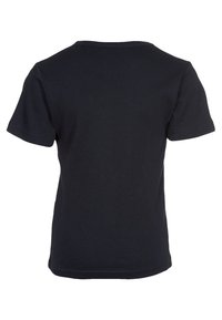 Black cotton T-shirt with short sleeves, round neck, and a smooth texture, featuring no graphics or patterns on the back.