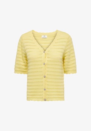 Lysegul kortermet cardigan med bølgete kanter, stripet åpen strikkemønster, V-hals og fem dekorative runde knapper foran.